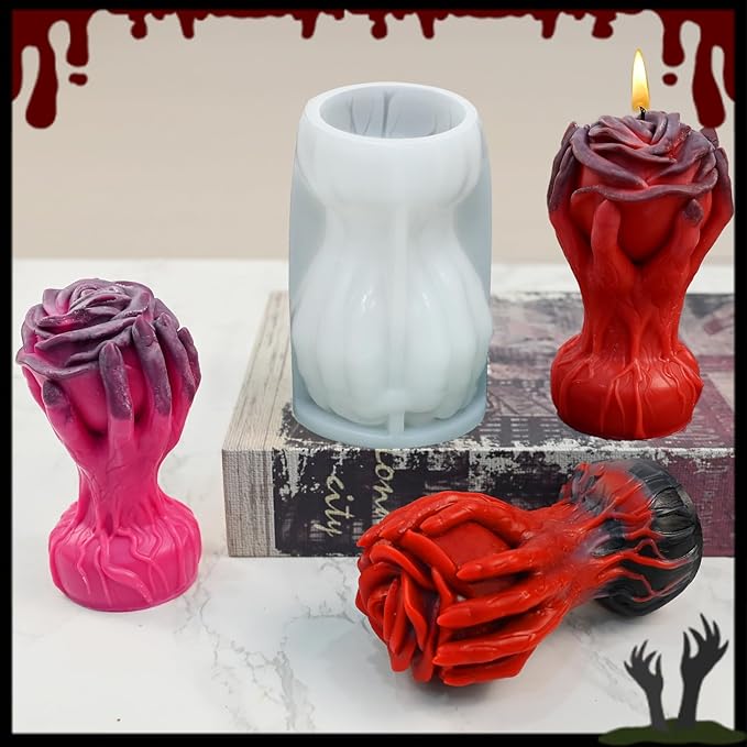 ZQYSING Hand Holding Rose Candle Mold, 3D Flower Silicone Mold for Candles Pillar Wax Plaster Epoxy Resin Craft Casting Gothic Home Décor Halloween Anniversary Birthday Handmade Gift