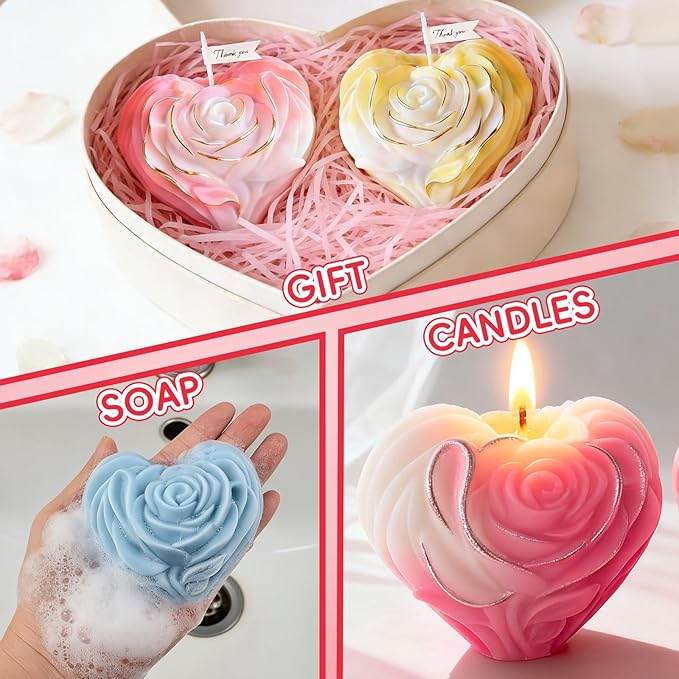 ZQYSING Rsoe Candle Molds, 3D Heart Shaped Rose Flower Silicone Molds, Valentine's Day Heart Mold, DIY Aromatherapy Candle Clay Craft Soap Plaster Crafts Casting