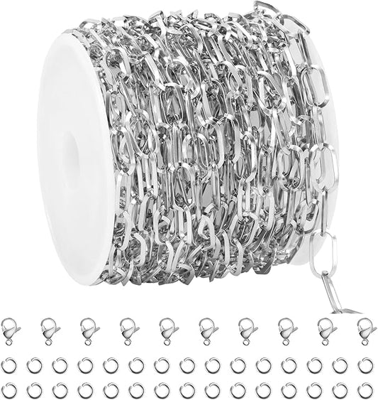 GTVOODX 16.4 Feet Paperclip Non Tarnish Chain Spool for Jewelry Making Stainless Steel 5x10mm Soldered Oval Link Chain Bulk for Necklace Bracelet DIY Jewelry Making Supplies