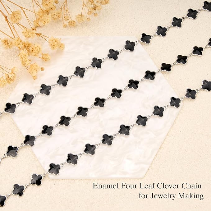 Stainless Steel Black Enamel Four Leaf Clover Chain 3 Meters 8mm Permanent Jewelry Chain Roll Bulk with Lobster Clasps Jump Rings