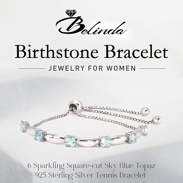 Fine Bracelet Tennis Style Pull String Birthstone Jewelry Gift for Women 925 Sterling Silver Square Sparkling Bolo Gemstone Jewelry Adjustable Bracelets