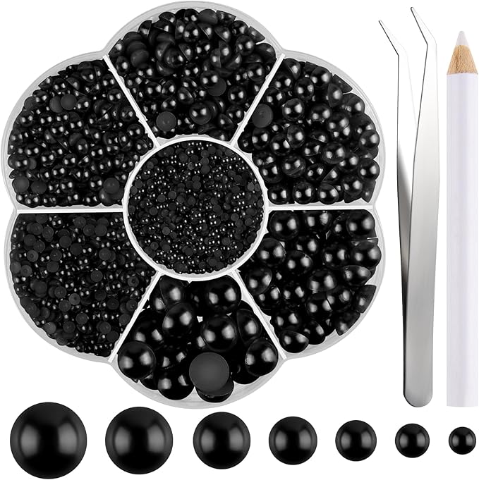 NACHLYNN 6480 Pcs Flat Back Pearl 7 Sizes Half Round Bead Black for Crafts Embellishment Shoes Clothes Bags DIY Making