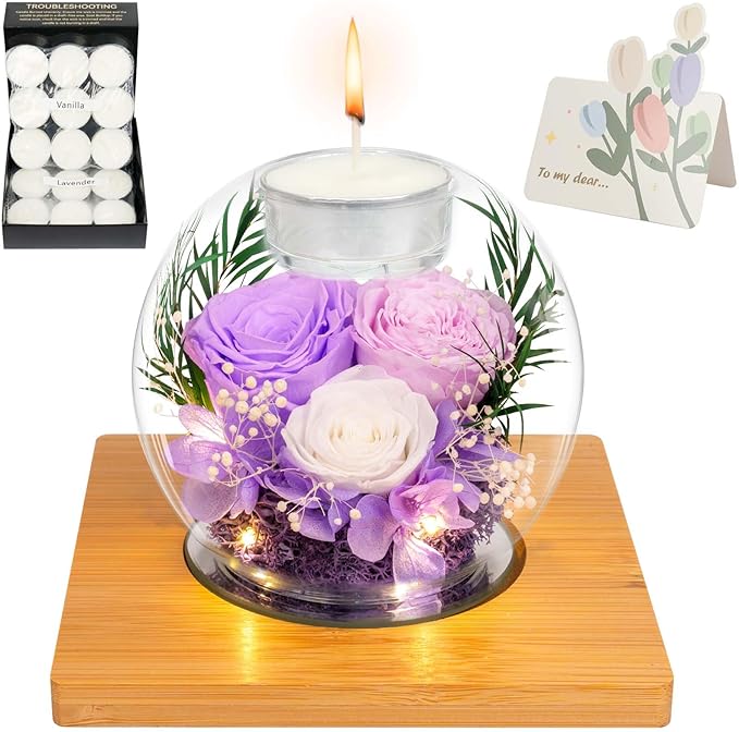 Preserved Light Purple Real Rose in Glass with Scented Candles–Forever Flower Romantic Anniversary Mothers Day Christmas Birthday Valentines Day Gifts for Her, Women, Wife, Girlfriend, Mom, Grandma