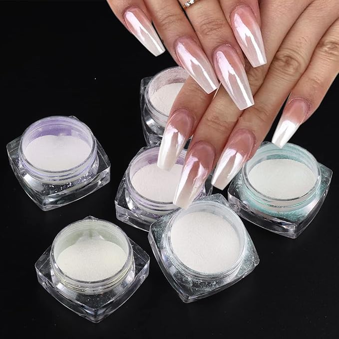 Pearl Chrome Nail Powder Set - 6 Colors Aurora Powder Mermaid Effect for Nails Iridescent Nail Glitter Shimmer White Rubbing Dust Nail Pigment Set Manicure Nail Art Decorations (Y451-459)