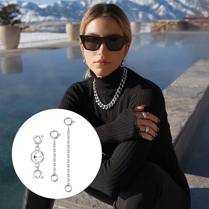 Silver Necklace Extender, 925 Sterling Silver Magnetic Necklace Clasps and Closures, Silver Double Magnetic Clasps Necklace Bracele Connector Extenders Extension Chains for Jewelry Making