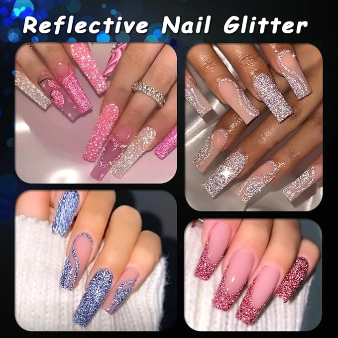 Reflective Glitter Powder Set, 8 Colors Holographic Sparkle Glitter Dust, Flash Diamond Silver Pink Red Purple Blue Shiny Sugar Dipping Pigment DIY Manicure Nail Art Decoration Crafts