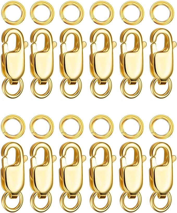 Kcctoo Silver Lobster Claw Clasp with Closed Jump Rings 14K Gold Necklace Clasps and Closures for Jewelry Making, Made in Italy 12mm(0.47inch) (Gold Big Clasps 12pcs)
