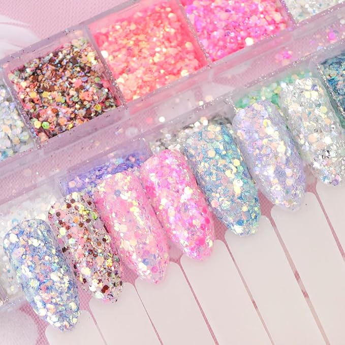 12 Colors Iridescent Glitter Nail Art Sequins, Colorful Sparkly Nail Flakes Design, Holographic Ultra-Thin Hexagon Powder Acrylic Supplies for Women Girls Manicure Summer Decorations, 3D Accessories