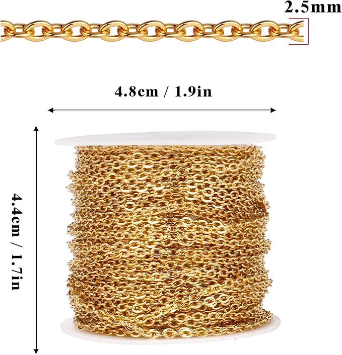 33 Feet 18K Gold PVD Plated Stainless Steel Cable Chain Bulk, 2.5mm 304 Stainless Steel Flat Cable Link Chains Roll Spool for Jewelry Making Necklace DIY Craft