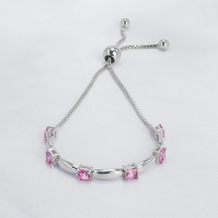 Fine Bracelet Tennis Style Pull String Birthstone Jewelry Gift for Women 925 Sterling Silver Square Sparkling Bolo Gemstone Jewelry Adjustable Bracelets
