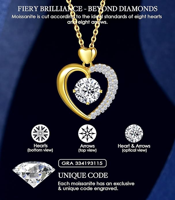 Beam & Bask Moissanite Heart Pendant Necklaces for Women, Engraved with LOVE, Sterling Silver Plated with 18K Gold, Anniversary and Birthday Jewelry for Wife, Girlfriend, Mom, or Her