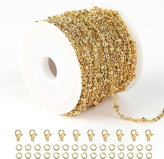 Kyutong 10M Gold Stainless Steel Jewelry Chain in Bulk Beaded Cable Link Chain Roll with Jump Rings and Lobster Clasps for DIY Jewelry Making Supplies