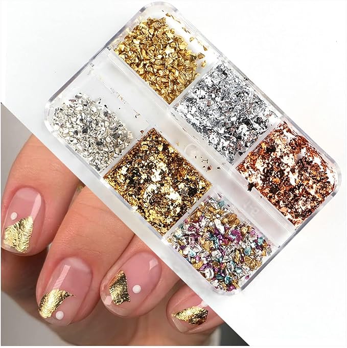 6 Grids Metallic Nail Art Foil Flakes,Gold Nail Glitter Flake Holographic Glitters Sequins 3D Sparkly Aluminum Foil Flake Gold Silver Nails Glitter Flakes Nail Art Supplies for Women