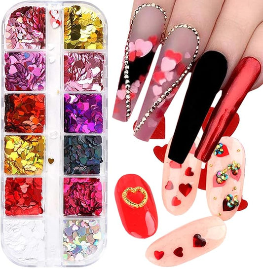 Heart Glitter Nail Art Sequins, 3D Sparkly Love Heart Nail Flakse Designs, 12 Colors Holographic Laser Big Small Hearts Nail Supplies for Women Manicure Sparkle Decorations, DIY Shiny Resin Nail Art