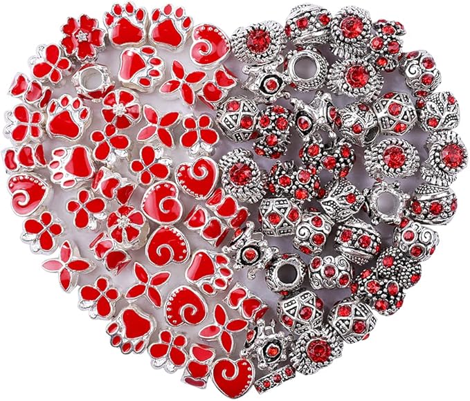 60 Pieces Assorted European Beads with Plating Silver Metal Alloy Rhinestone Large Hole Spacer Beads for DIY Charm Bracelet Jewelry Making (Red)