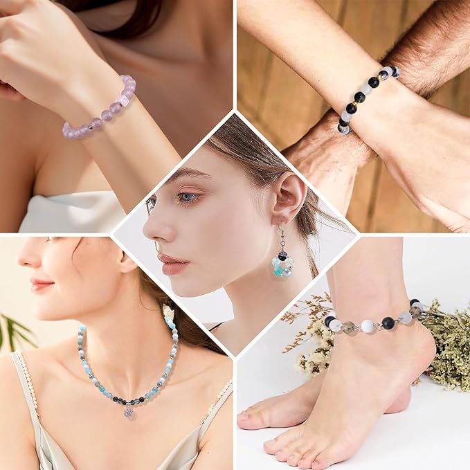 Rired 27 600pcs 8mm Round Glass Beads for Jewelry Making, 24 Colors Crystal Glass Beads Kit Including Crackle/Stone/Pearl Beads for Bracelet Necklace DIY Supplies Adults Christmas Decoration