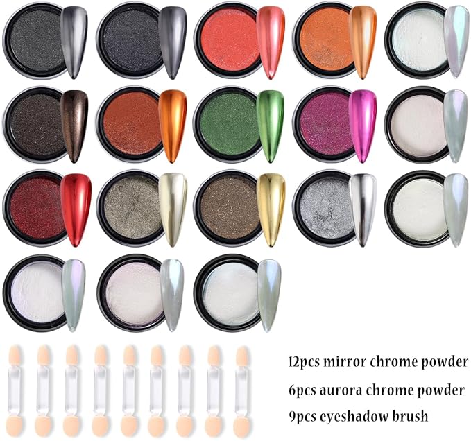 Chrome Nail Glitter Powder Set, 18 Colors Silver Black Red Green Metallic Effect Mirror Powder for Nails with Brushes, Pearl White Chrome Powder for Nails, Glazed Donut Nail Art, Manicure Supplies