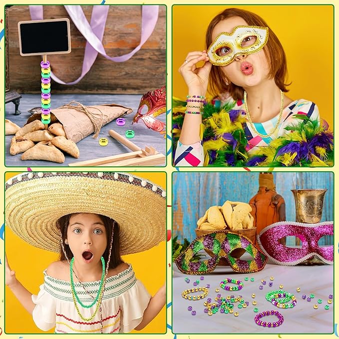 UPINS 1200Pcs Mardi Gras Pony Beads for Jewelry Making Crafts Friendship Round Plastic Gold Purple Green Beads Carnival Masquerade Party Favors Mardi Gras DIY Decor Supplies