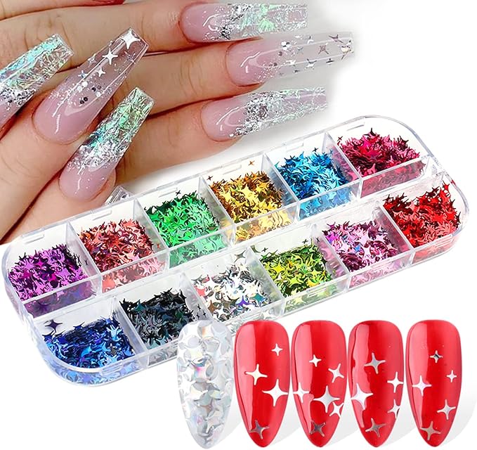 Stars Nail Art Glitter Sequins, 3D Sparkly Four-Pointed Star Nail Flakse Designs, 12 Colors Star Nail Art Sequins Supplies for Women Girls Manicure Shiny Decorations, DIY Resin Nail Art Tips