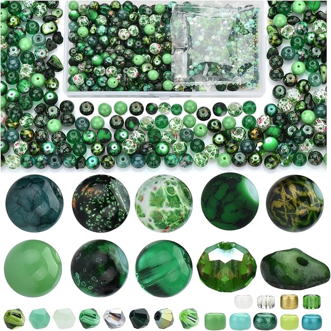 Glass Beads Jewelry Making Kit, Fresh Green Color-900pcs Include 8mm Assorted Beads, 4mm Bicone Crystal Beads, 2-4mm Spacer Seed Beads for DIY Bracelet, Earring Necklace Pendants Making Supplies