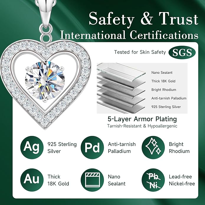 Heart Pendant Necklace for Women: Luxury Gift for Wife Girlfriend Mom/Her - 3ct D Color Moissanite - Gold Jewelry with Gift Box- Hypoallergenic & Adjustable Chain - Daily & Special Occasion Wear