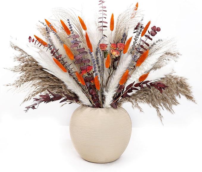 xin's convey Dried Flower Bouquet, 92 Stems Dried Flowers, Pampas Grass, Orange Roses Home Decor, Wedding Crafts, Living Room Accents, Vase Filler. (Orange)