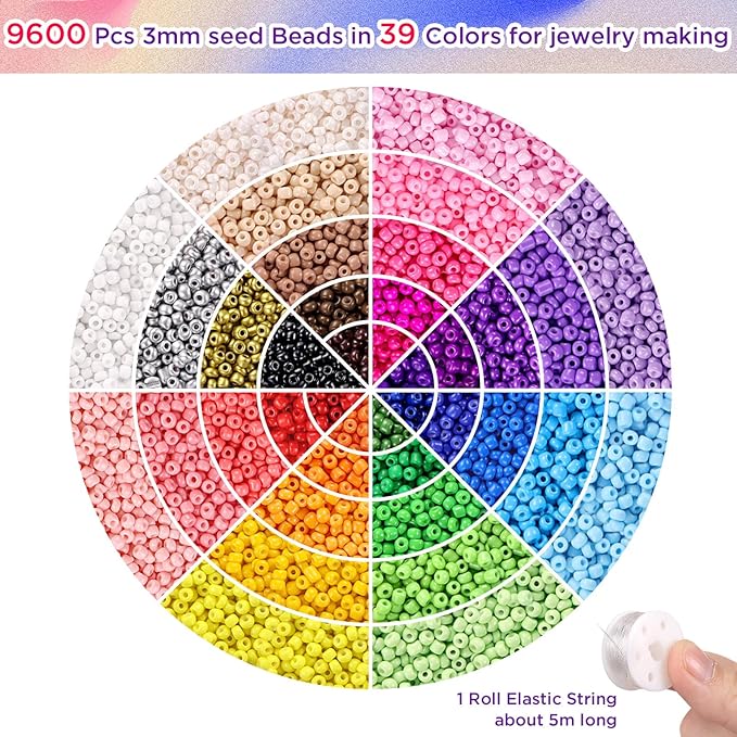 Funtopia 39 Colors 3mm Seed Beads, 9600pcs Small Beads for Jewelry Making, Tiny Craft Beads for Bracelet Making