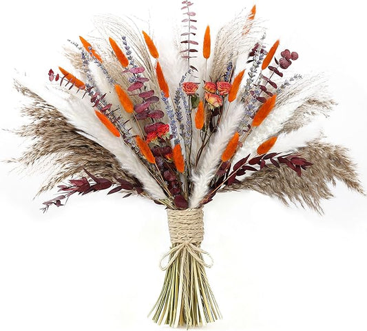 xin's convey Dried Flower Bouquet, 92 Stems Dried Flowers, Pampas Grass, Orange Roses Home Decor, Wedding Crafts, Living Room Accents, Vase Filler. (Orange)