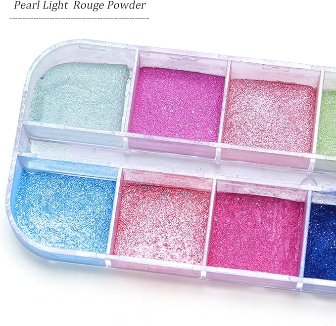 12 Colors Pearl Light Rouge Powder, Aurora Color Pigment Nail Art Dust Designs, Women Girls Manicure Tips Charms Decorations, Acrylic Nails Powder for Nail Art Gel Polish Dipping Liquid