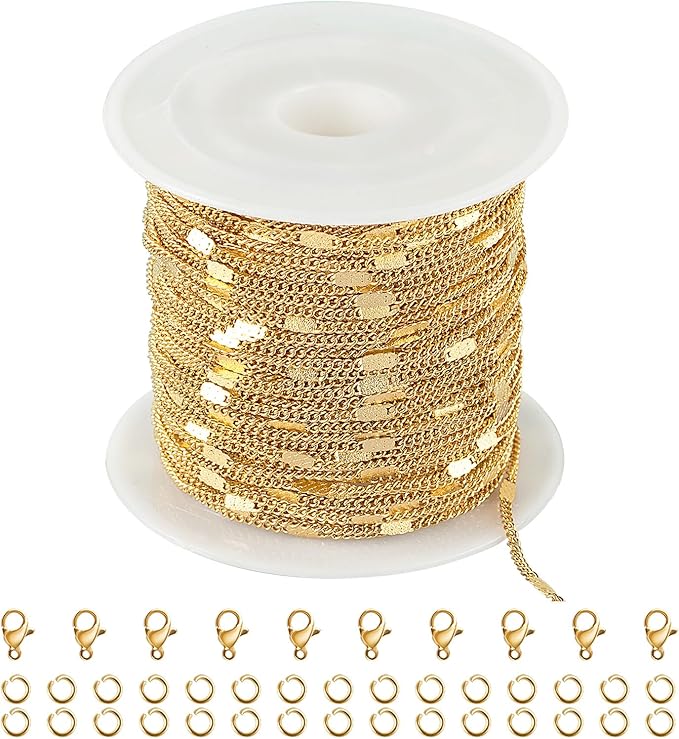 Kyutong 32.8 Feet Gold Plated Jewelry Making Chain on Spool Thin Flat Curb Chains Solid Stainless Steel Jewelry Chain for Necklace DIY with Jewelry Accessories