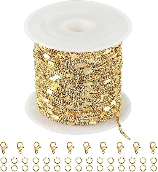 Kyutong 32.8 Feet Gold Plated Jewelry Making Chain on Spool Thin Flat Curb Chains Solid Stainless Steel Jewelry Chain for Necklace DIY with Jewelry Accessories