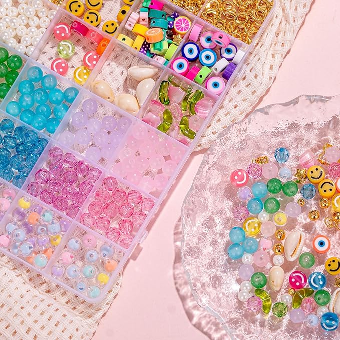 Goldwise Friendship Bracelet Kit - 4 Boxes, 48 Colors Clay & 4mm Seed Beads, Letter Beads, Charms for Jewelry & Bracelet Making for Gifts & Parties