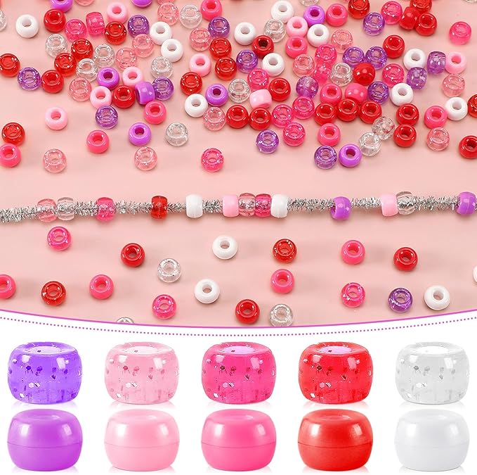UPINS Valentine's Day Pony Beads, 1200Pcs Glitter Pink Red Purple Round Plastic Pony Beads for Jewelry Making DIY Crafts Valentines Party Decoration Necklace Bracelets Romantic Accessories (10 Colors)