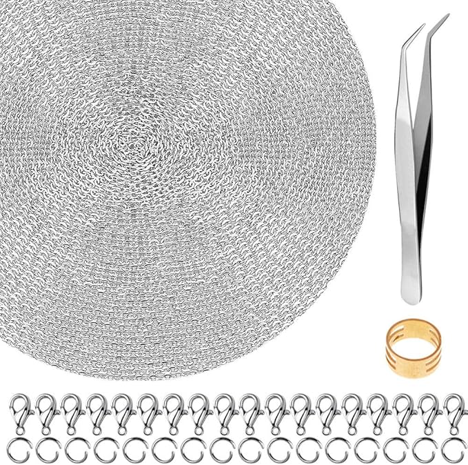 50 Feet Stainless Steel Chains for Jewelry Making, Anezus Jewelry Chain Bulk Small Metal Chains with 100 Jump Rings 30 Lobster Clasps for Necklace Making Bracelet DIY