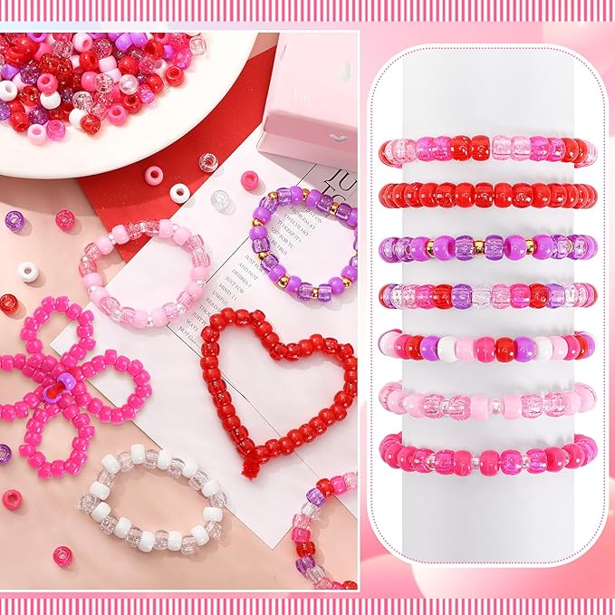 UPINS Valentine's Day Pony Beads, 1200Pcs Glitter Pink Red Purple Round Plastic Pony Beads for Jewelry Making DIY Crafts Valentines Party Decoration Necklace Bracelets Romantic Accessories (10 Colors)