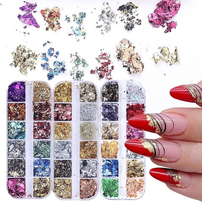 Gold Foils Nail Glitter Supplies 36 Colors Golden Flakes for Nails Art Sparkly Ultra-Thin Aluminum Holographic Foils Nail Art Decoration Gold Leaf DIY 3D Metallic Nail Sequins Manicure Accessories