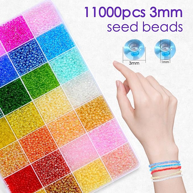 Vtssvow 3mm Glass Seed Beads for Bracelets Making, 28 Colors 11000pcs Friendship Bracelet Making Kit, Small Glass Beads for Jewelry Making (Mix 28 Color, Transparent)