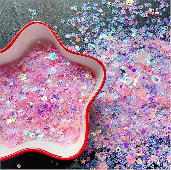 Heart Star Butterfly Craft Sequins Holographic Nail Glitte Confetti Shell Snowflakes Nail Art Holographic Glitter Nail Art Glitter Sequins for Women Girls Nail Decoration(Pink-50G)