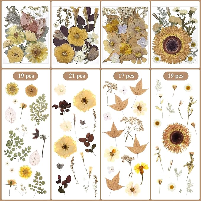 Nuanchu 167 Pcs Real Dried Pressed Flowers Natural Dried Flowers Colorful Daisy Mixed Wildflowers Leave for DIY Candle Resin Nails Jewelry Pendant Crafts Floral Art(Beige,Retro Style)