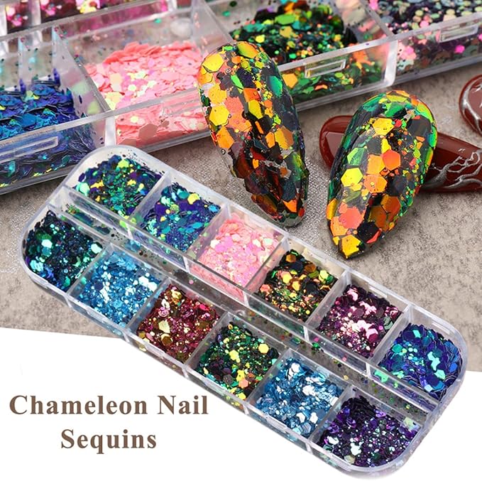 Chameleon Glitter Nail Art Sequins, Holographic 3D Laser Gradient Nail Glitter Flakes Design, UV Gel Shiny Glitters Powder Accessories for Women Manicure Mermaid Decorations DIY Sparkly Nail Art Tips