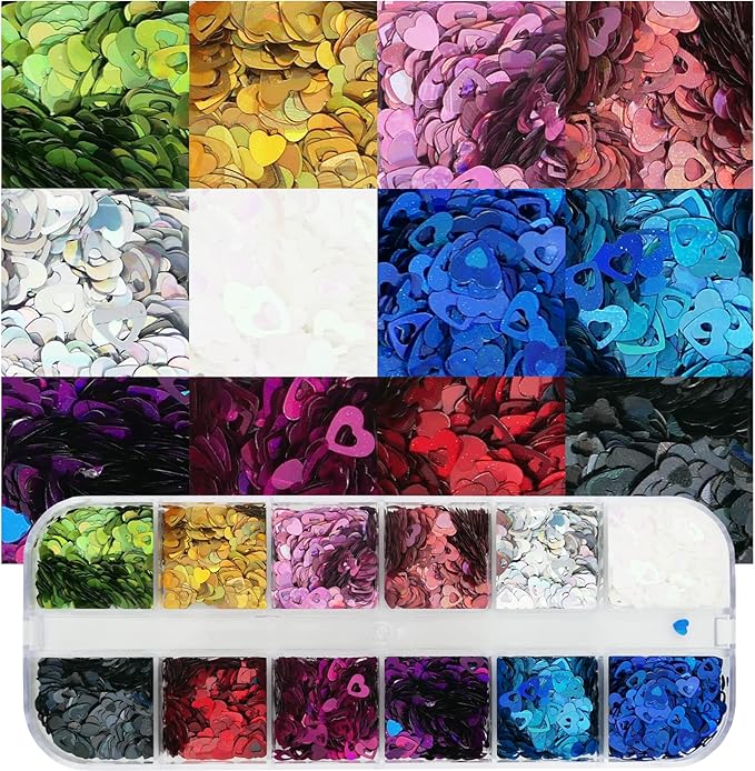 AddFavor 4 Boxes Holographic Nail Glitter Mixed Iridescent Glitters Sequin Flakes Heart Letter Lovely DIY Design Manicure Nail Art Decorations Sets for Nail Art/Craft/Makeup