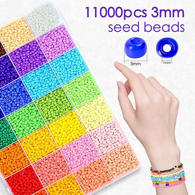 Vtssvow 3mm Glass Seed Beads for Bracelets Making, 28 Colors 11000pcs Friendship Bracelet Making Kit, Small Glass Beads for Jewelry Making (Mix 28 Color, Opaque)