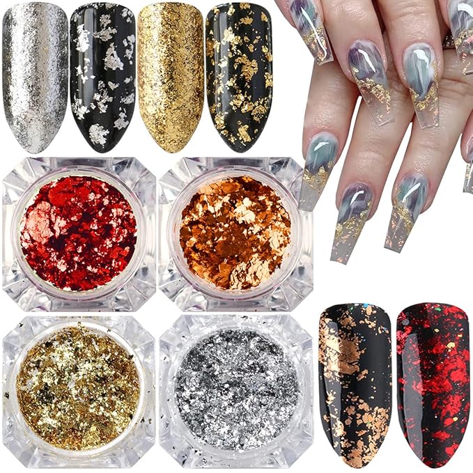 Holographic Nail Foil Glitter Flakes 3D Sparkly Aluminum Foil Flake Sequins Nail Art Accessories Rose Gold Red Silver Foils Glitter Nail Supplies Mirror Powder Acrylic Nails Decoration (4Boxes)
