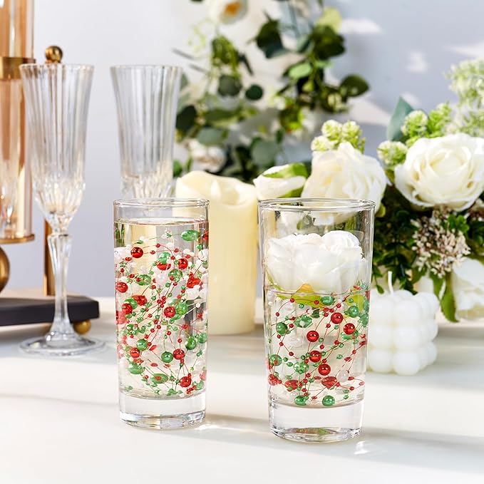 LAIDANLA 30 Pcs Christmas Artificial Floating Pearls String for Floating Candle Red Green White Faux Pearl Beads Strands for Vases Filler Centerpiece Table Wedding Party Home Decor