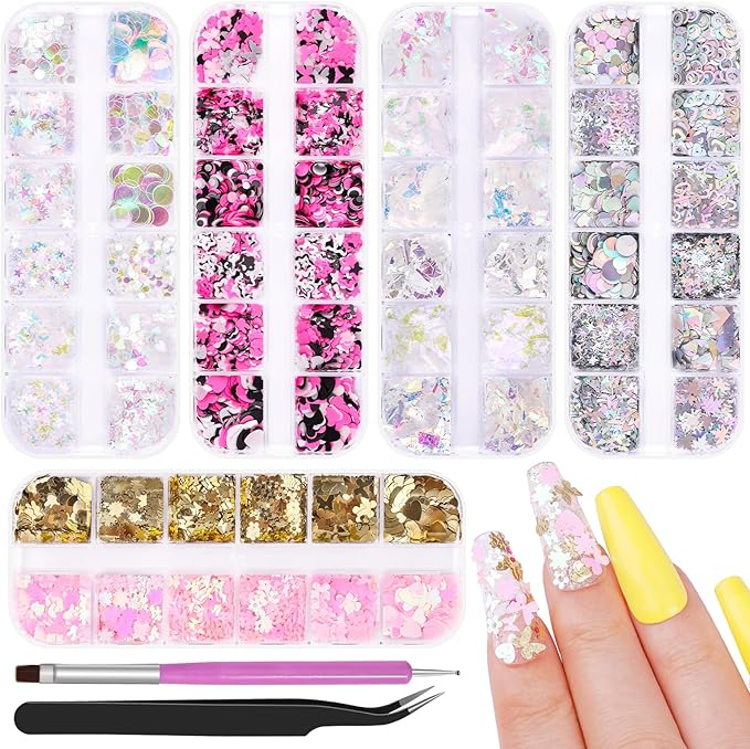 5 Boxes 60 Colors Holographic Nail Art Sequins Kit, Iridescent Sparkle Laser Hollow 3D Star Butterfly Heart Round Mixed-shapes Nail Glitter Flakes for Manicure Body Makeup Craft DIY (2-colorful-kit2)