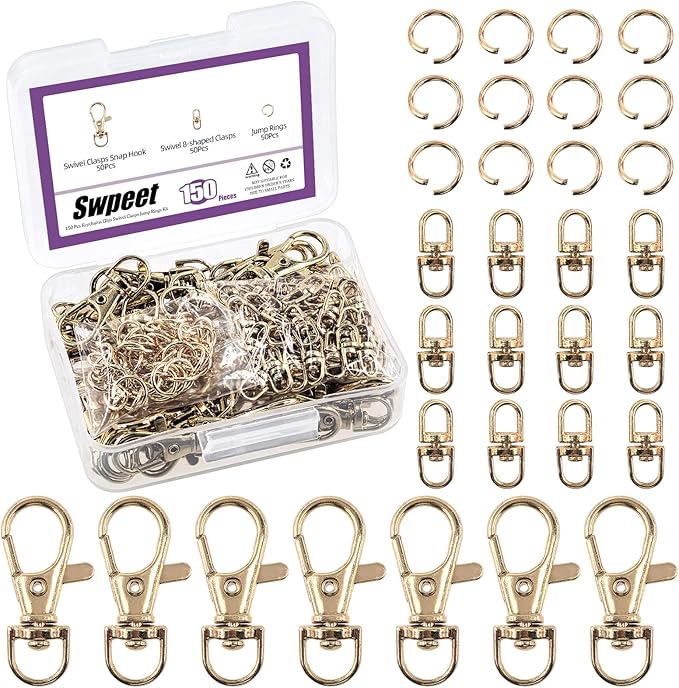 Swpeet Assorted 150Pcs Golden Keychain Making Kit, 50Pcs Swivel Lobster Claw Clasps, 50Pcs Rotating 8-Shaped Buckle Claw Clasp, 50Pcs Jump Ring, Swivel Trigger Hook, Swivel Clasps Lanyard Snap Hook