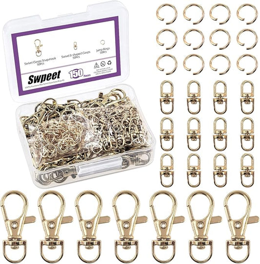 Swpeet Assorted 150Pcs Golden Keychain Making Kit, 50Pcs Swivel Lobster Claw Clasps, 50Pcs Rotating 8-Shaped Buckle Claw Clasp, 50Pcs Jump Ring, Swivel Trigger Hook, Swivel Clasps Lanyard Snap Hook