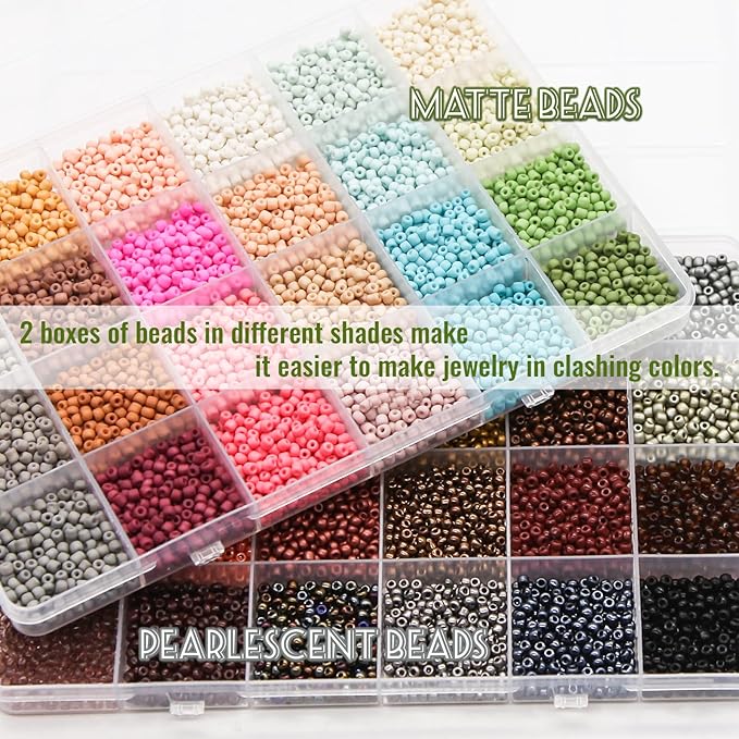 EuTengHao Glass Seed Beads for Bracelet Making Kit, 8/0 Small Pony Beads for Bracelet Necklace Jewelry Making DIY Crafting (3mm, 48 Colors, Frosted Glass and Lacquered)