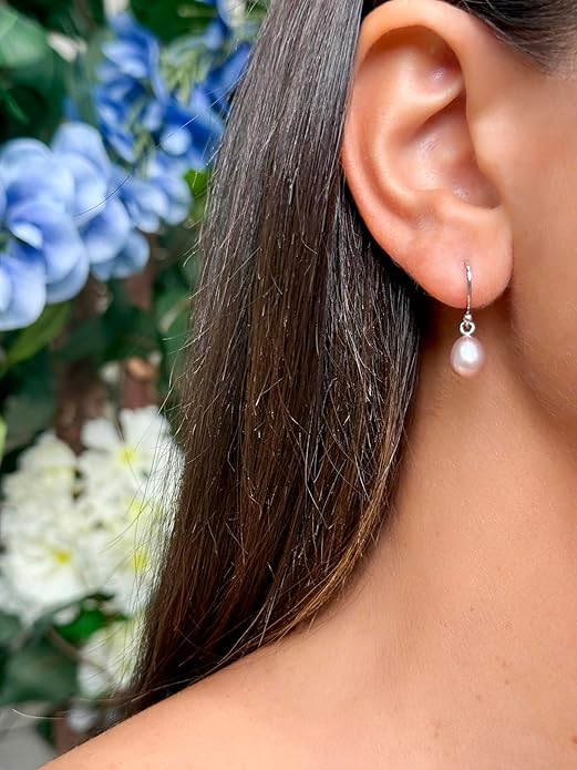 .925 Sterling Silver AAA Natural Pink Teardrop Shaped Freshwater Cultured Pearl French Wire Dangling Drop Earrings