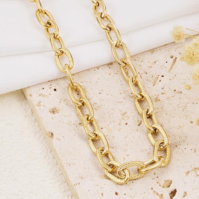 GTVOODX 18K Gold Plated Cable Chains Bulk Chunky Stainless Steel Unsoldered Textured Oval Link Chain Roll Spool for DIY Jewelry Making Supplies Findings